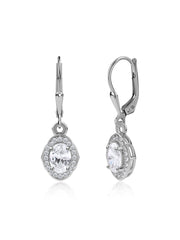 Elegant Halo Oval Dangle Earrings in Silver