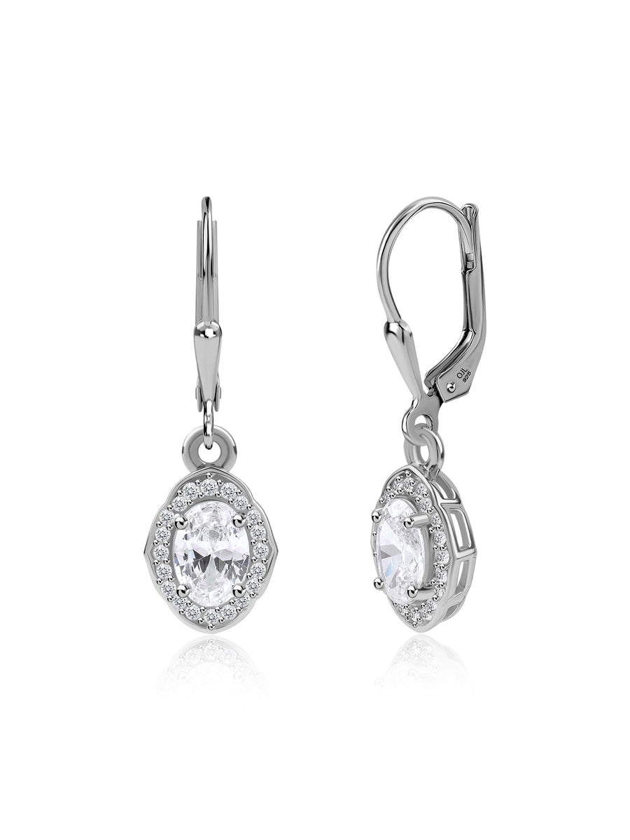 Elegant Halo Oval Dangle Earrings in Silver
