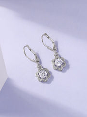 Floral Round Stone Silver Drop Earrings