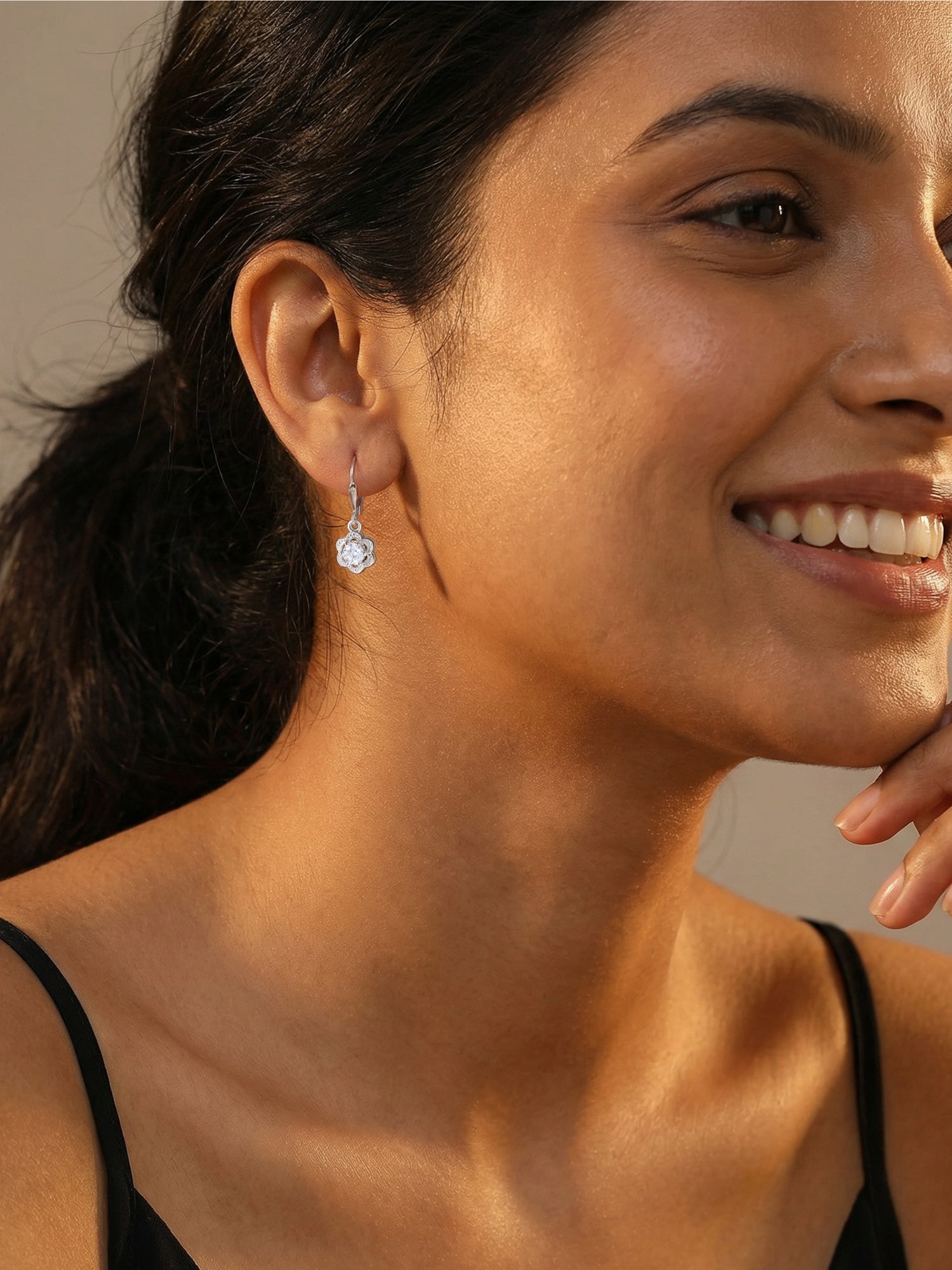 Floral Round Stone Silver Drop Earrings