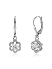 Floral Round Stone Silver Drop Earrings