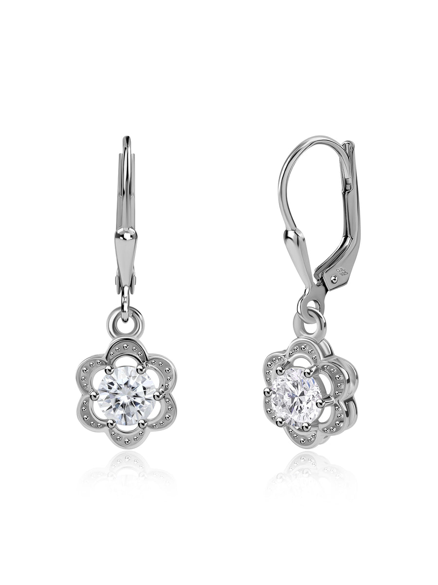 Floral Round Stone Silver Drop Earrings