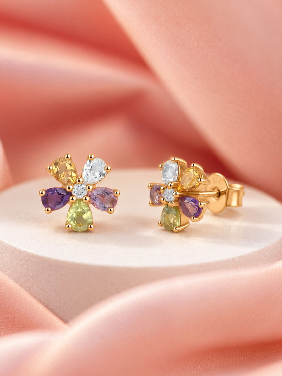 Natural Multi Gemstone Floral Gold Plated Earrings for Women