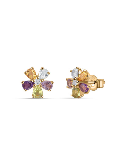 Natural Multi Gemstone Floral Gold Plated Earrings for Women