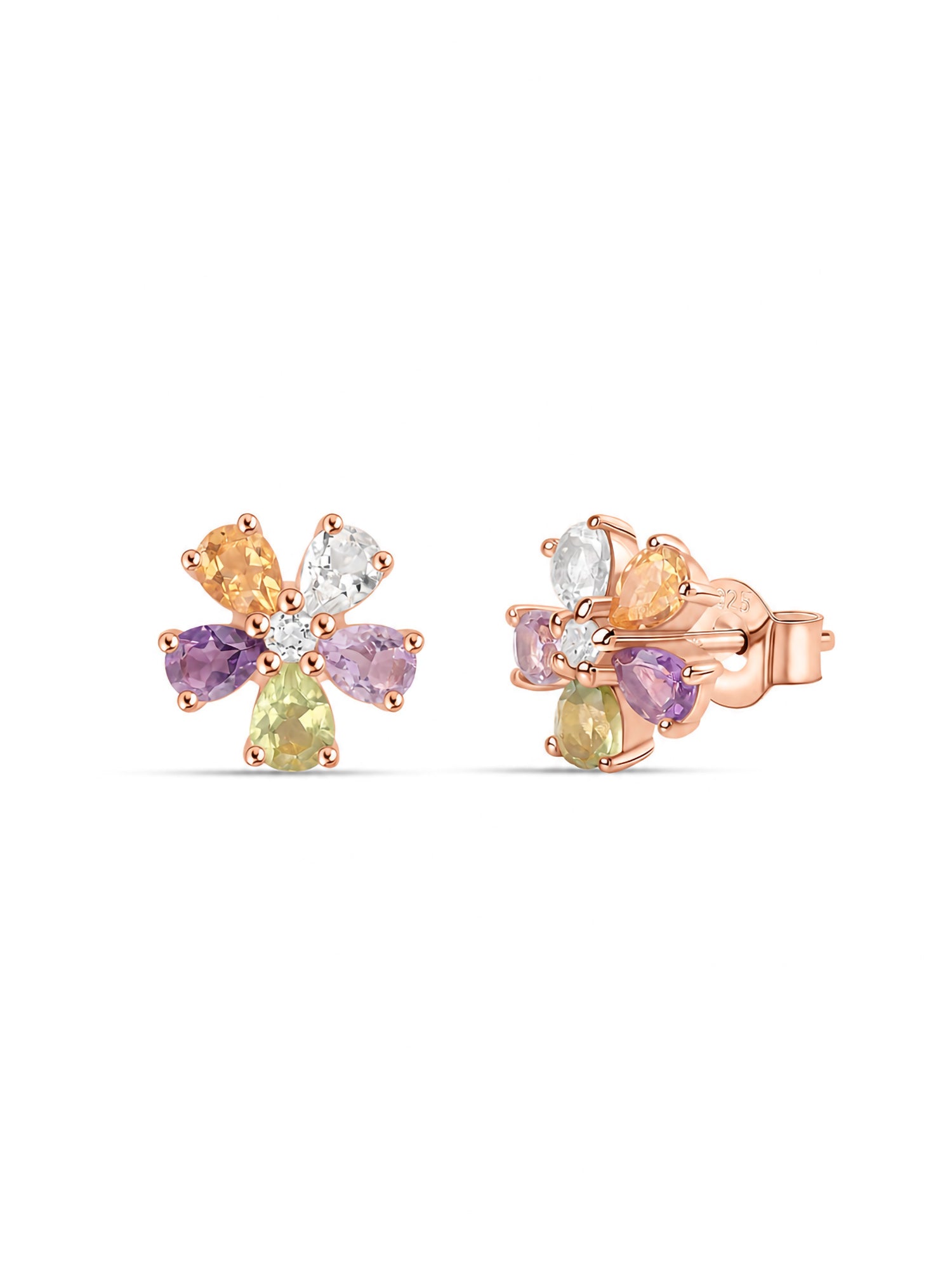 Natural Multi Gemstone Floral Rose Gold Plated Earrings