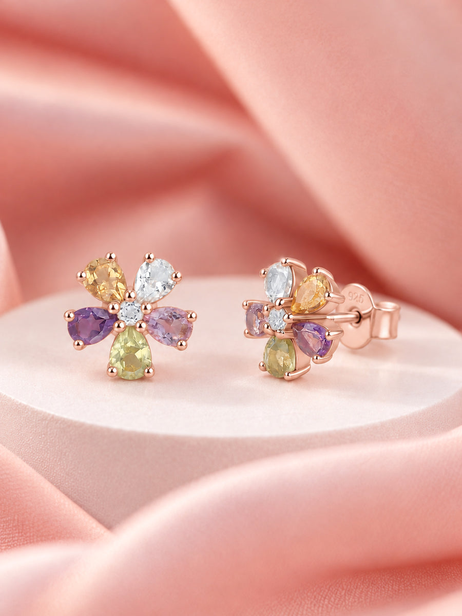 Natural Multi Gemstone Floral Rose Gold Plated Earrings