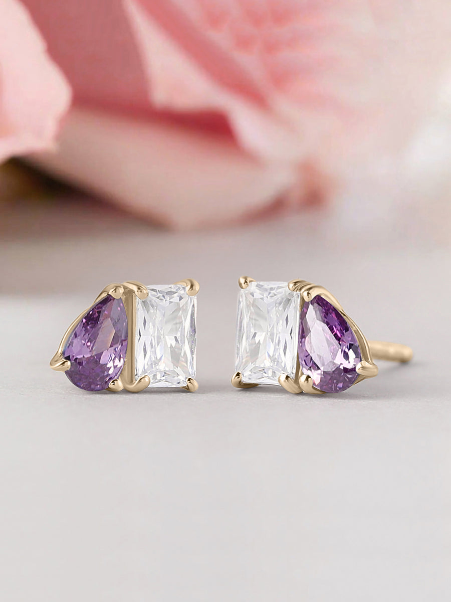 Toi Et Moi Baguette Pear Purple Yellow Gold Earrings