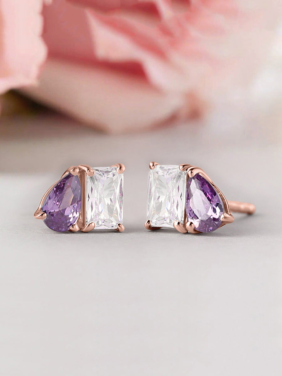 Toi Et Moi Baguette Pear Purple Rose Gold Earrings