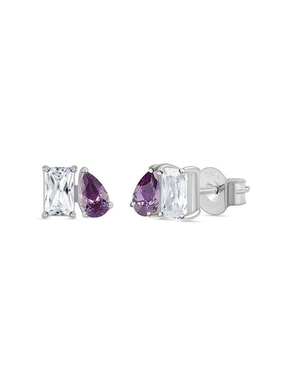 Toi Et Moi Baguette Pear Purple CZ Silver Earrings for Women