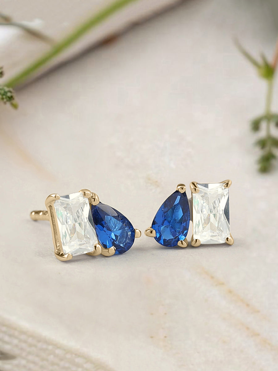 Toi Et Moi Baguette Pear Blue Yellow Gold Earrings