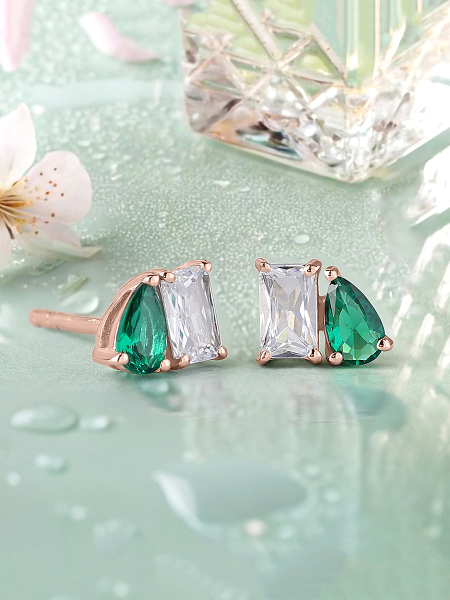 Toi Et Moi Baguette Pear Green Rose Gold Earrings