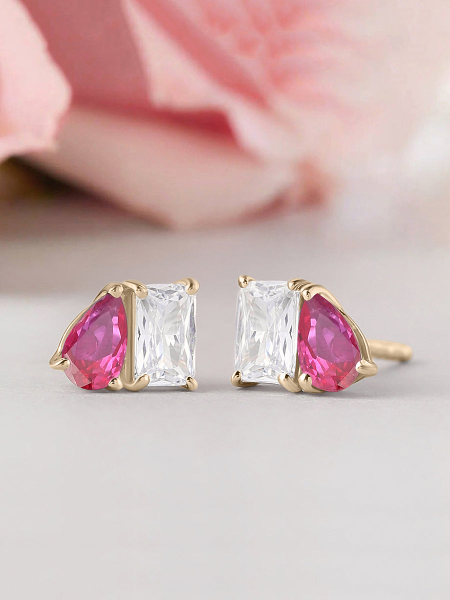 Toi Et Moi Baguette Pear Ruby Yellow Gold Earrings