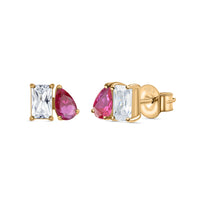 Toi Et Moi Baguette Pear Ruby CZ Yellow Gold Earrings