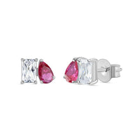 Toi Et Moi Baguette Pear Ruby CZ Silver Earrings for Women