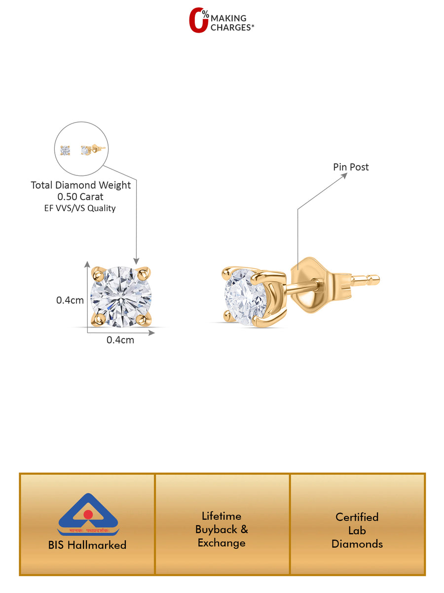 Lab Grown 0.50 Carat Solitaire Stud Diamond Earrings