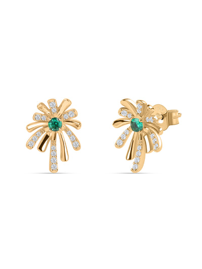 Round green emerald CZ stud earrings in yellow gold-plated silver by Ornate Jewels