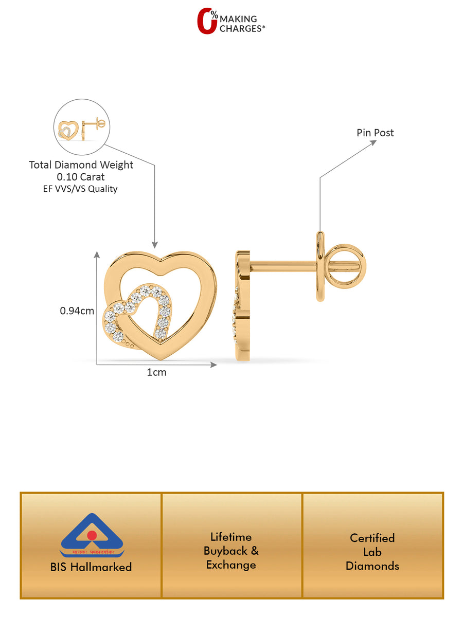 Lab Grown Lovely Heart Diamond Earrings In Gold