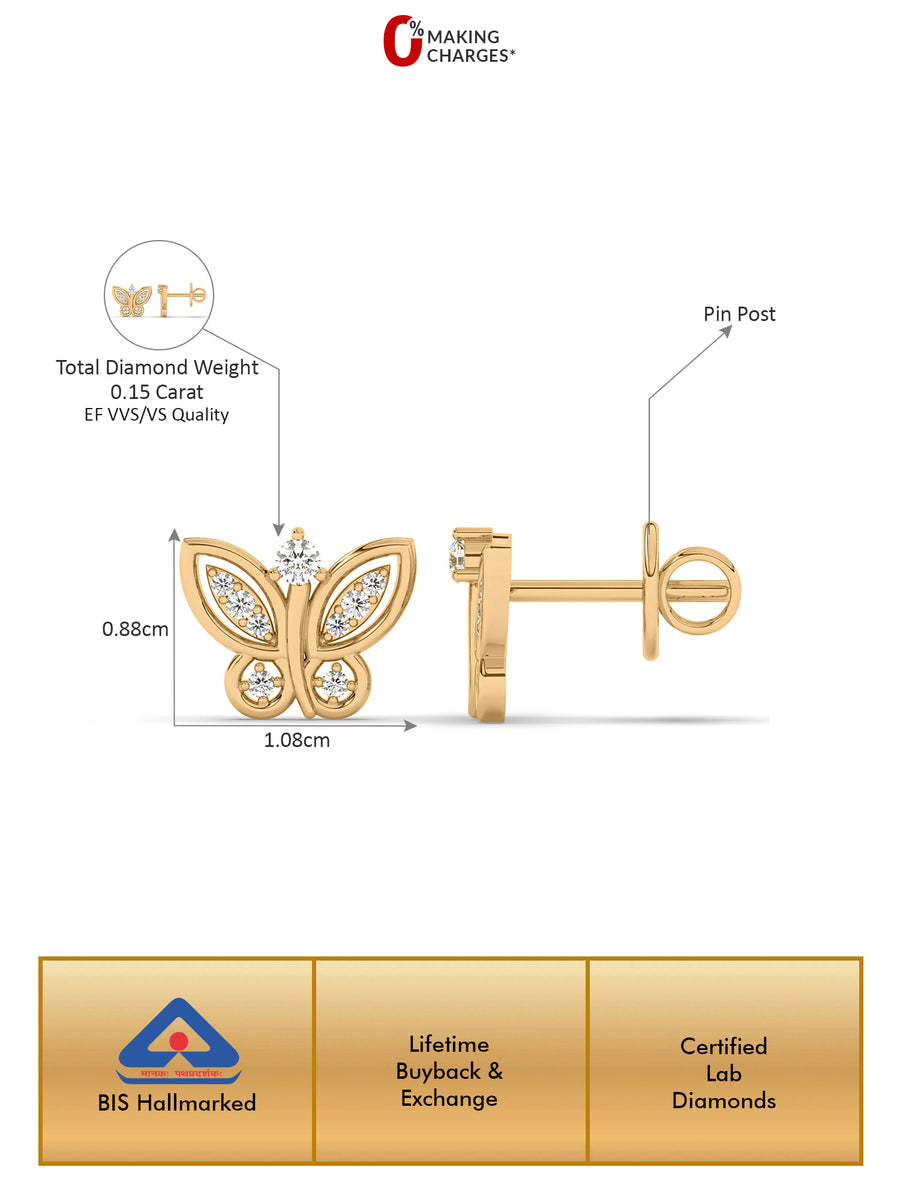 Lab Grown Butterfly Diamond Stud Earrings In Gold