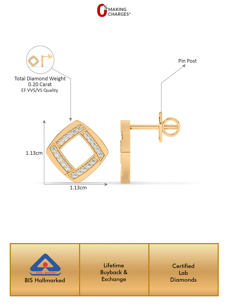 Lab Grown Square Diamond Studs in Gold