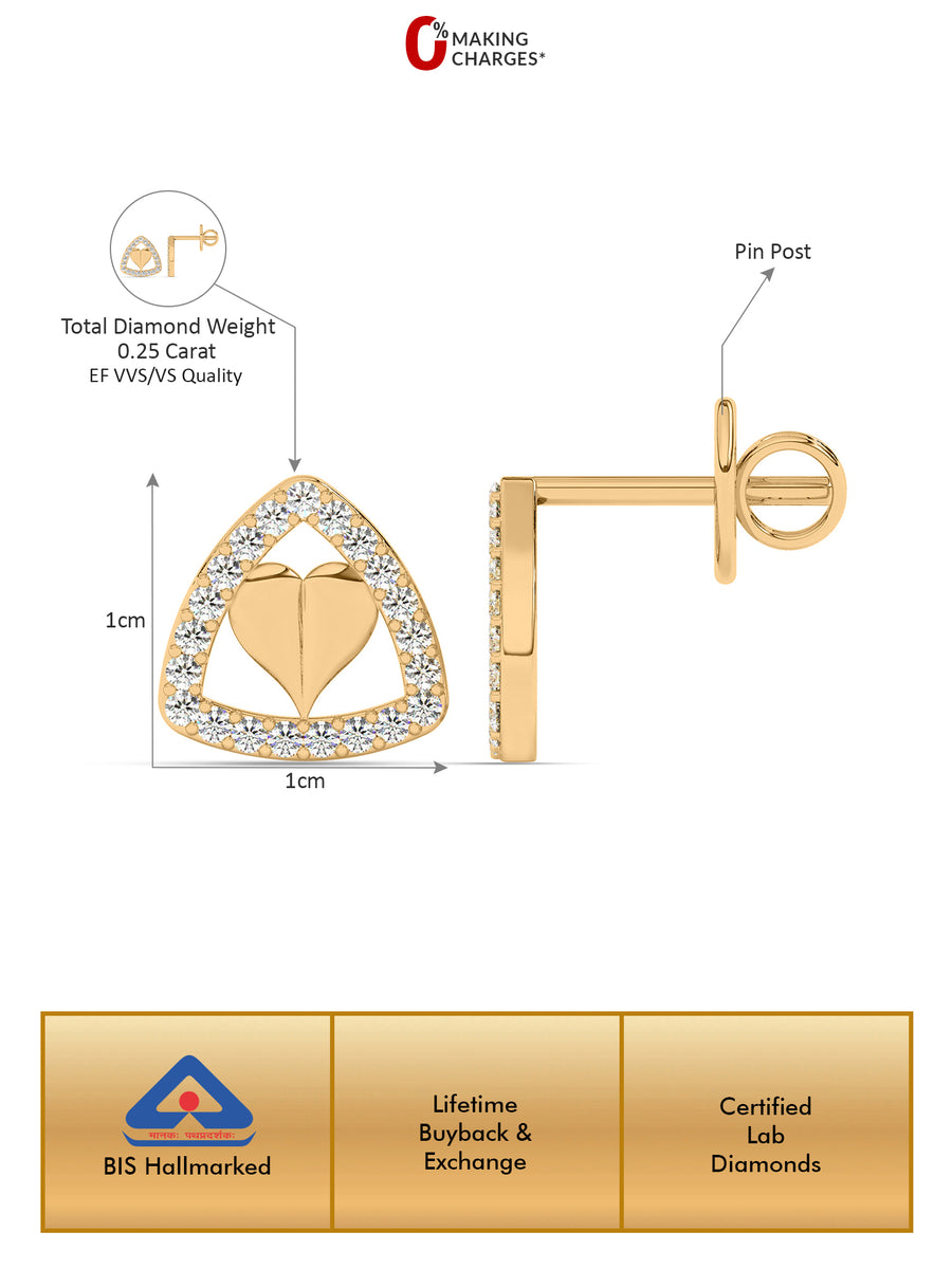 Lab Grown Trillion Heart Diamond Earrings in Gold