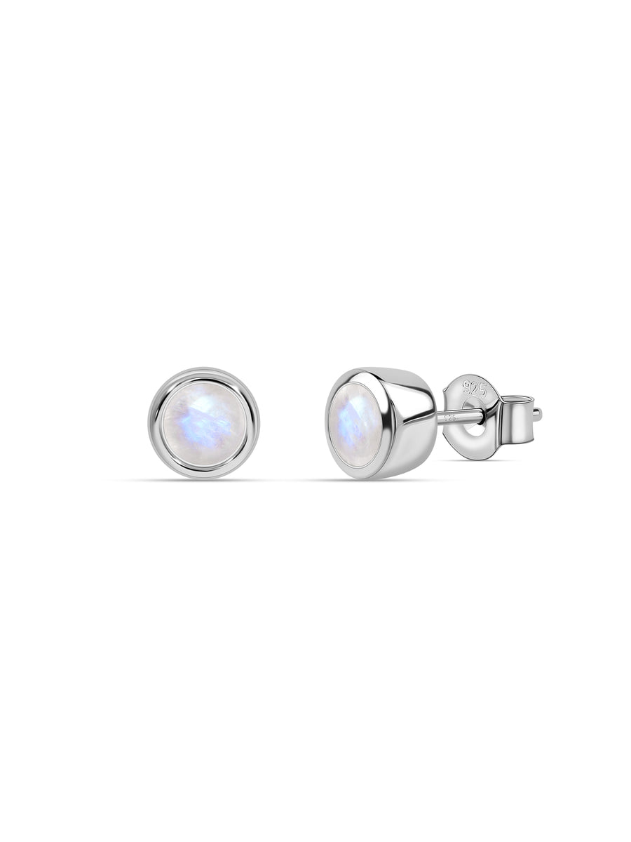 Natural Moon Stone Silver Solitaire Stud Earrings