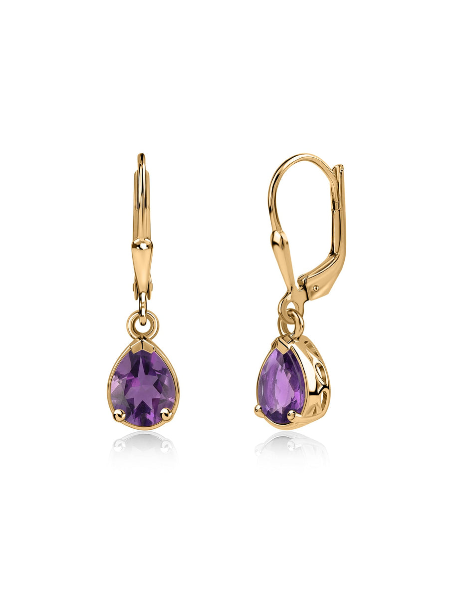 Natural African Amethyst Drop Gold Earrings