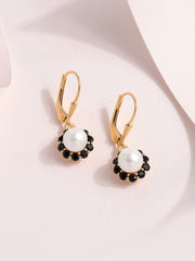 Natural Pearl & Black Spinel Halo Silver Earrings
