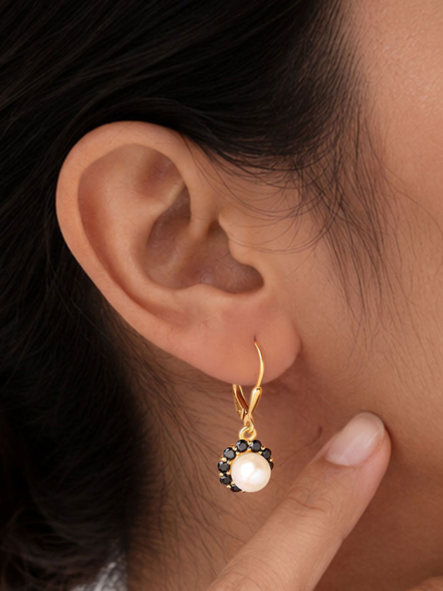 Natural Pearl & Black Spinel Halo Gold Plated Earrings for Women