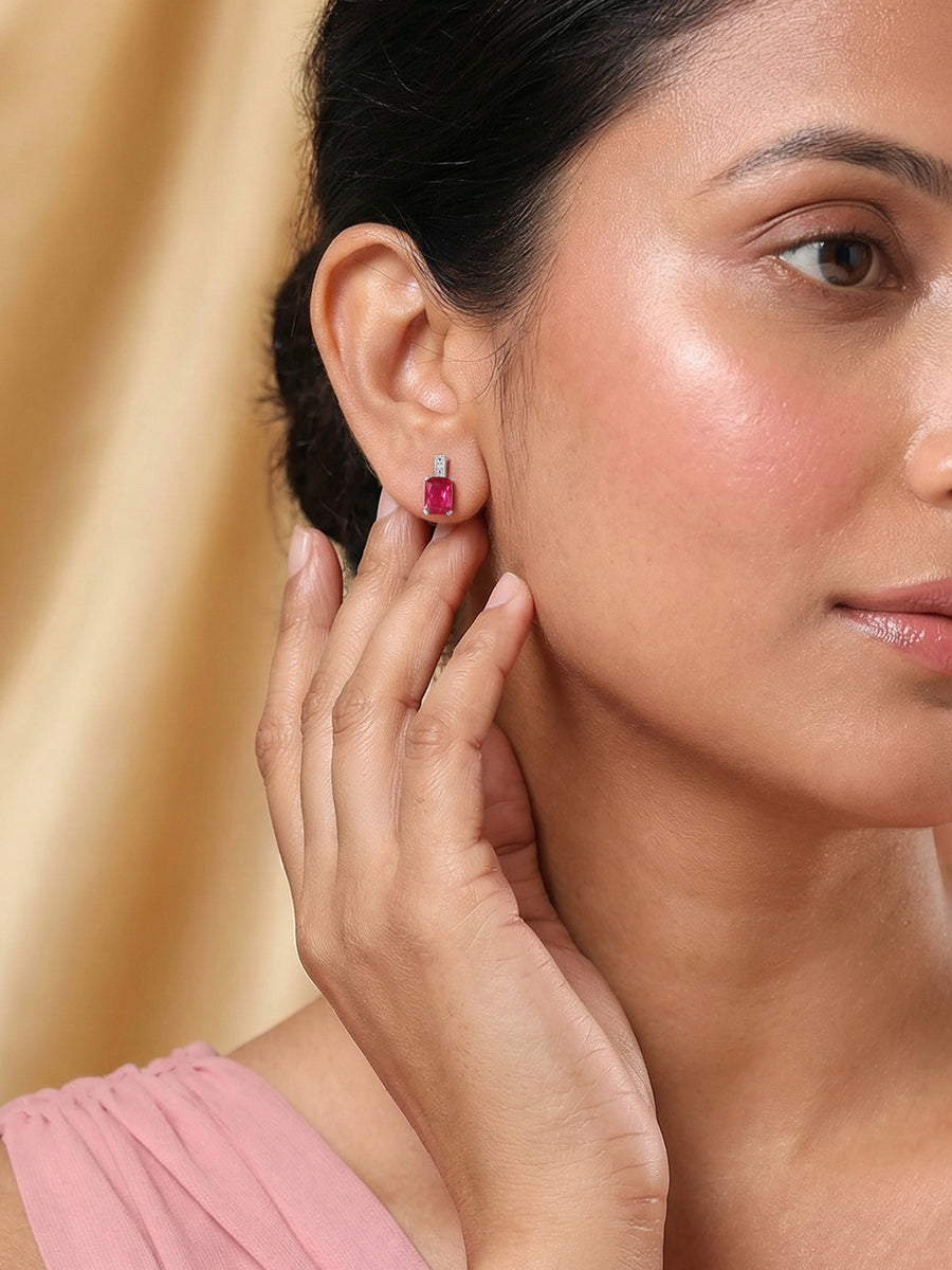 Scarlet Square Ruby Silver Studs