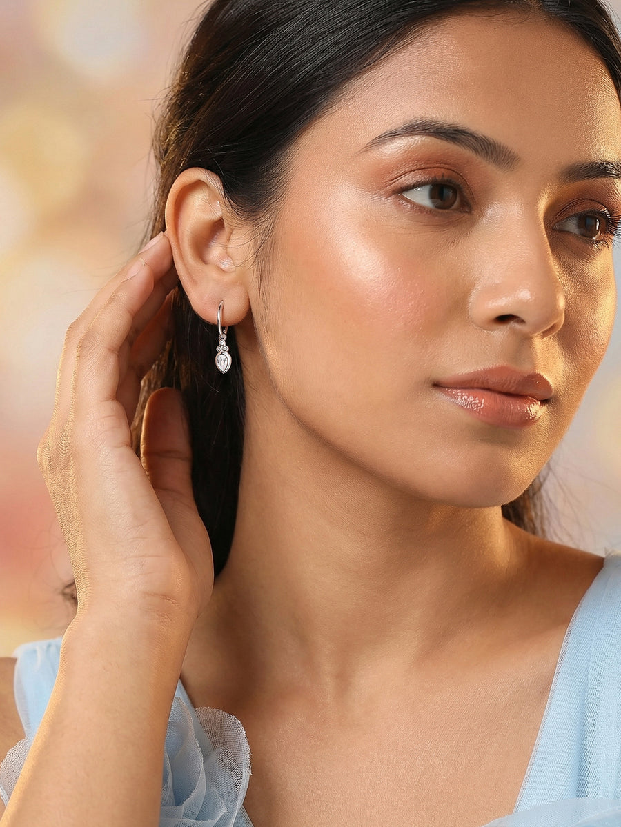 Teardrop Sparkle Silver Hoop Earrings