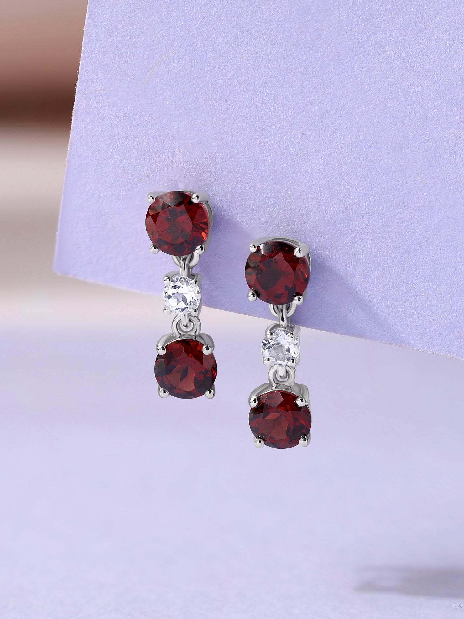 Red Garnet & White Topaz Silver Drop Earrings