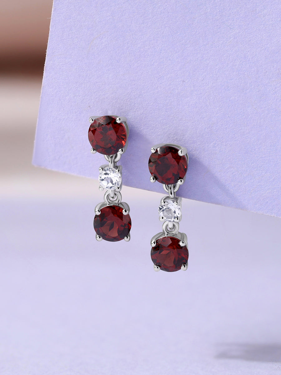 Red Garnet & White Topaz Silver Drop Earrings