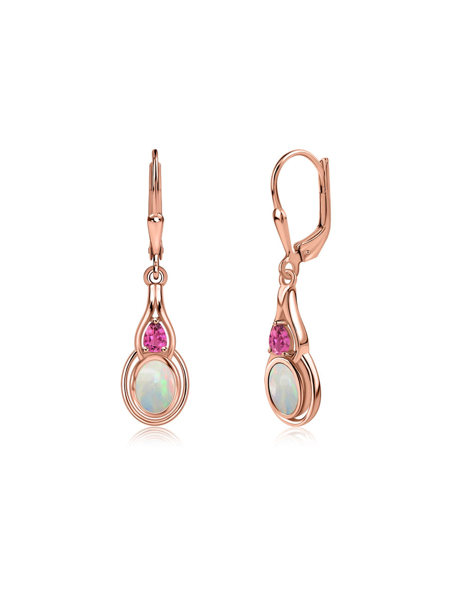 Opal & Pink Tourmaline Gold Drop Earrings