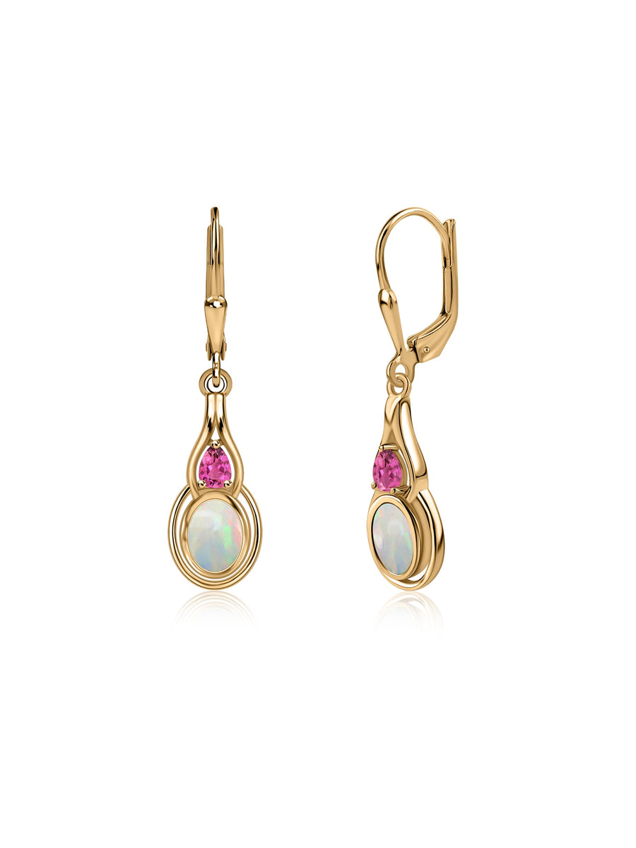 Opal & Pink Tourmaline Gold Drop Earrings