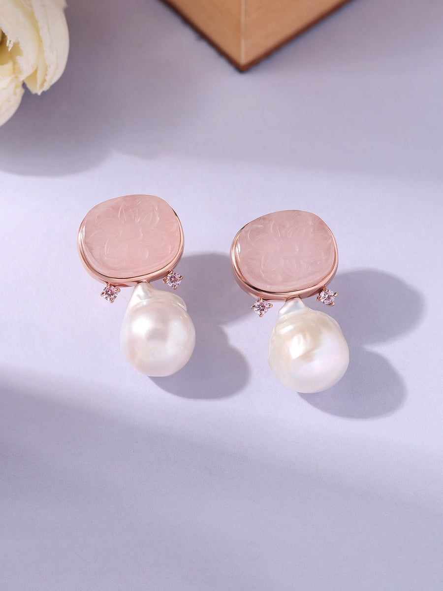 Rose Quartz & Pearl Statement Earrings