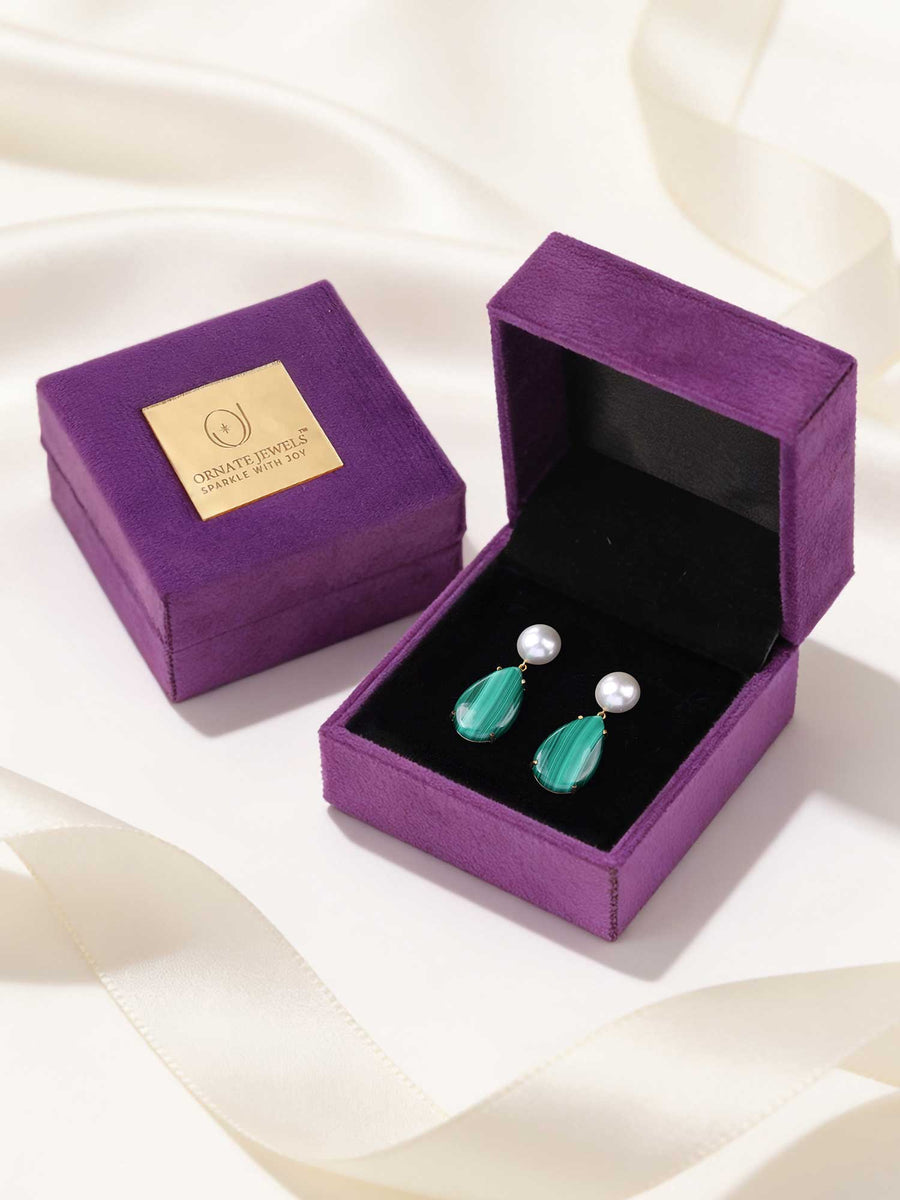 Malachite Cab Pear Gold Plated Drop Earrings with Pearl Button