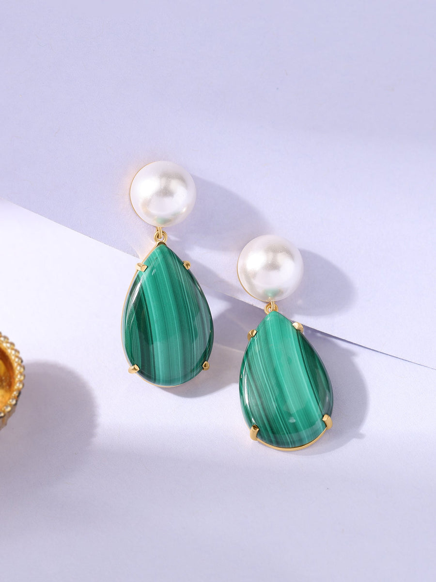Malachite Cab Pear Drop Earrings with Pearl Button