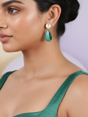 Malachite Cab Pear Drop Earrings with Pearl Button