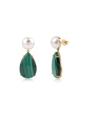 Malachite Cab Pear Drop Earrings with Pearl Button