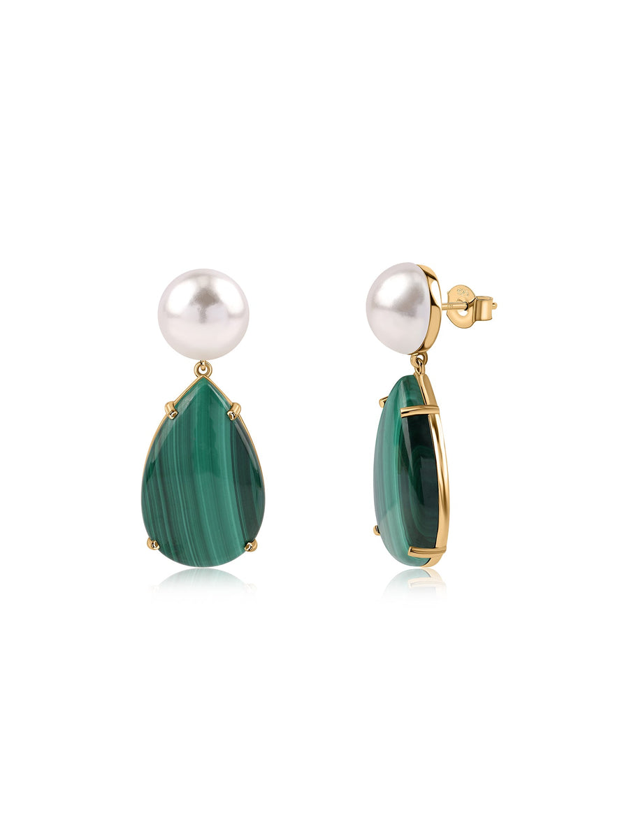 Malachite Cab Pear Drop Earrings with Pearl Button