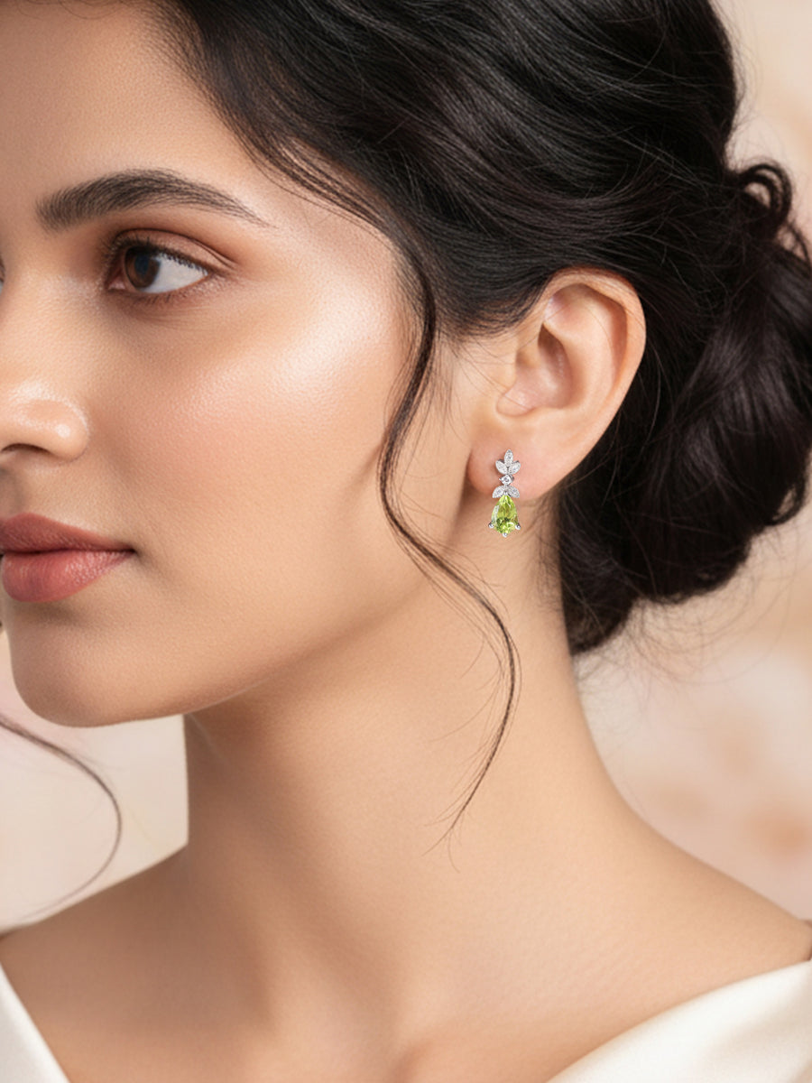 Peridot Bloom Silver Earrings with White Topaz