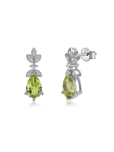 Natural Peridot Bloom Silver Earrings with White Topaz