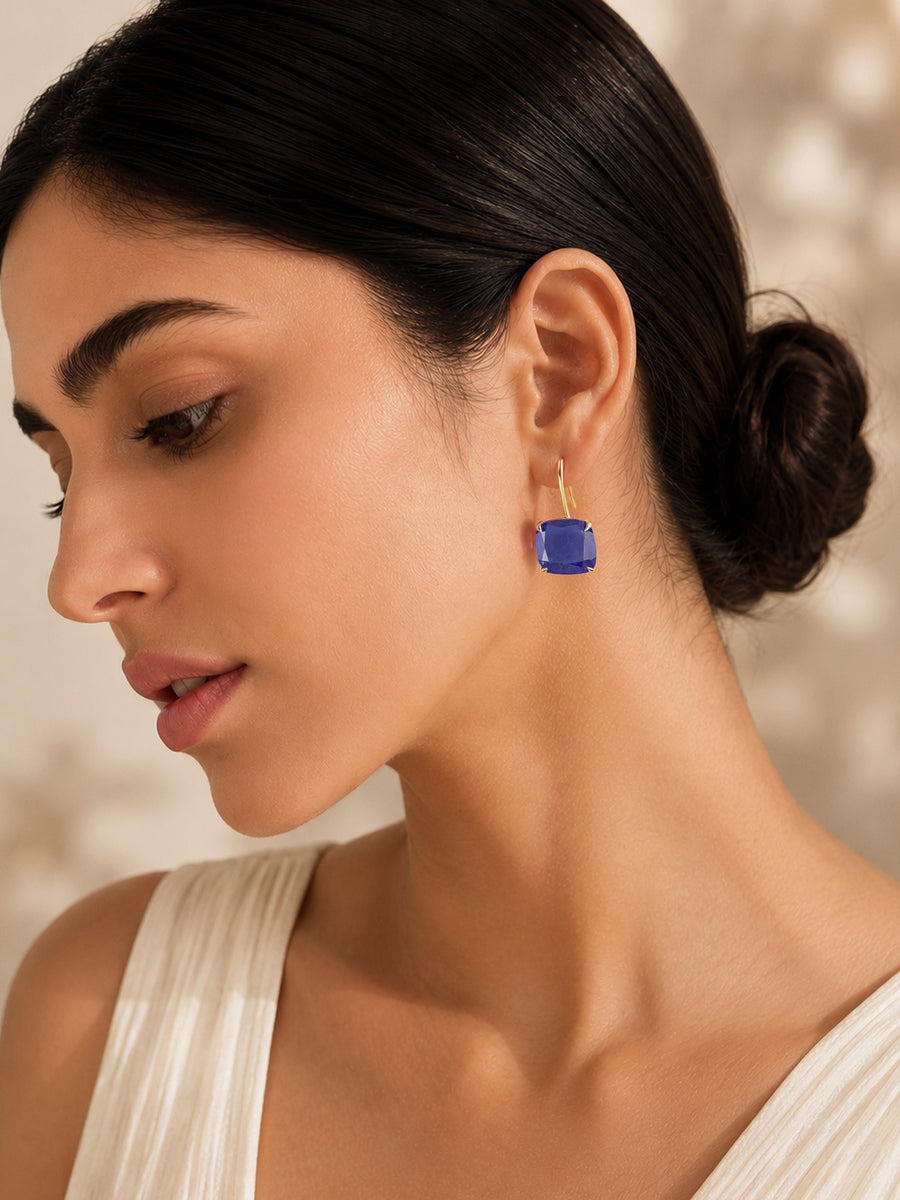 Elegant Blue Sapphire Cushion Drop Earrings