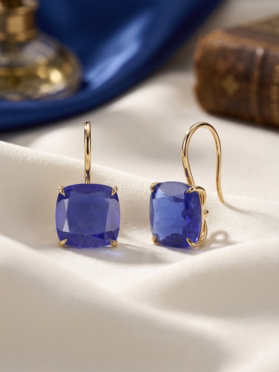 Elegant Blue Sapphire Cushion Drop Earrings
