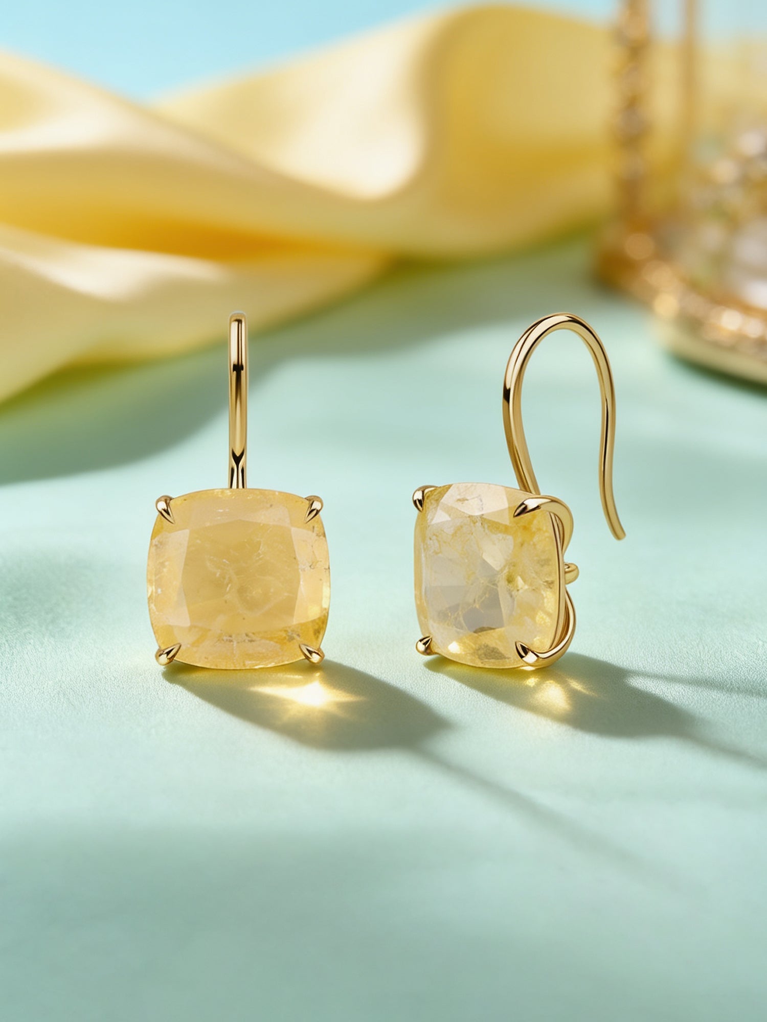 Elegant Yellow Sapphire Cushion Drop Earrings