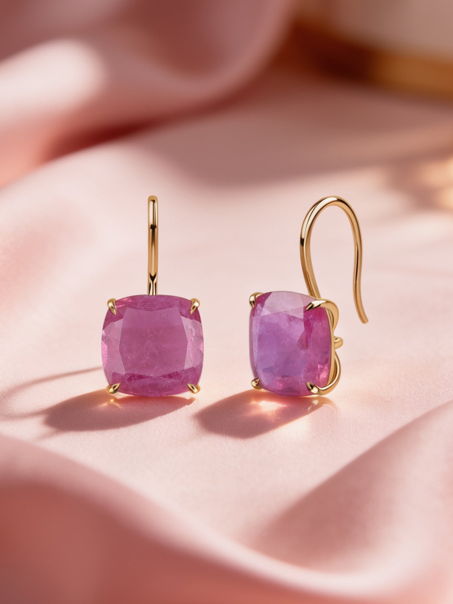 Elegant Pink Sapphire Cushion Drop Earrings