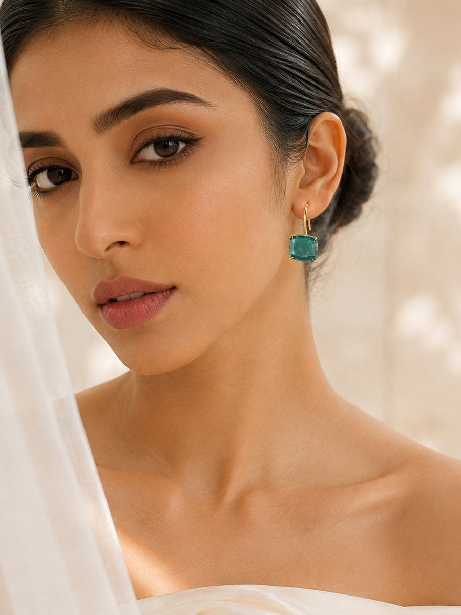 Elegant Green Emerald Cushion Drop Earrings