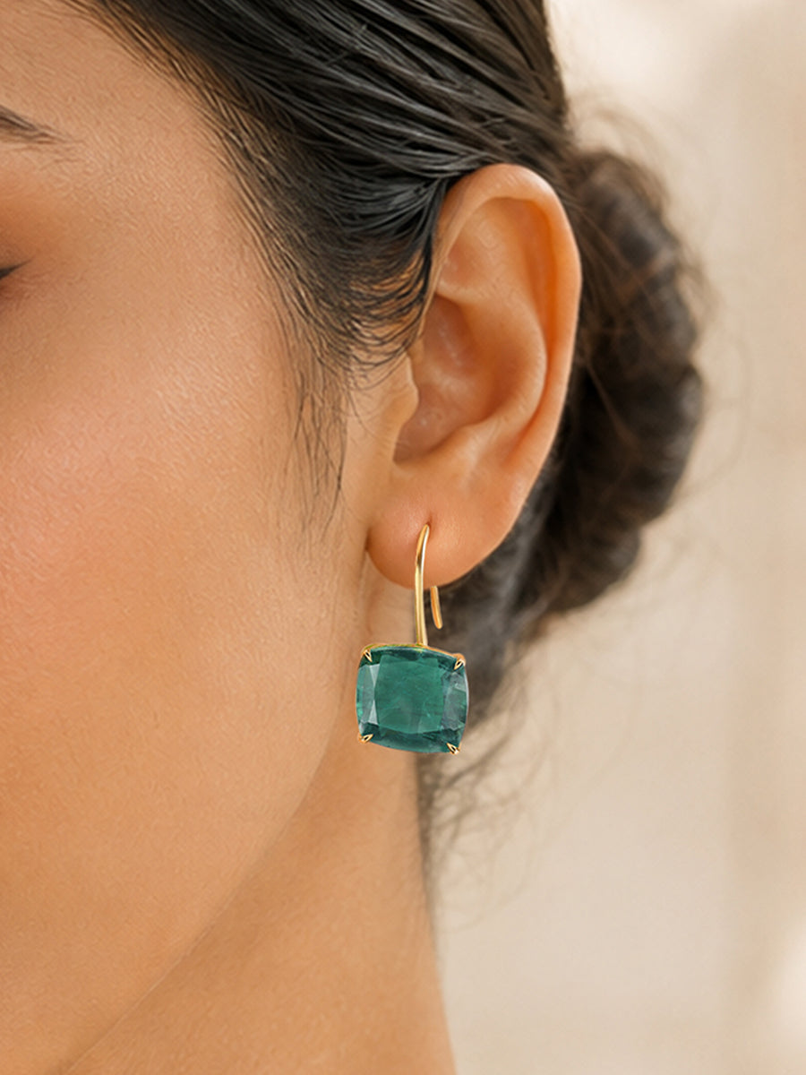 Elegant Green Emerald Cushion Drop Earrings