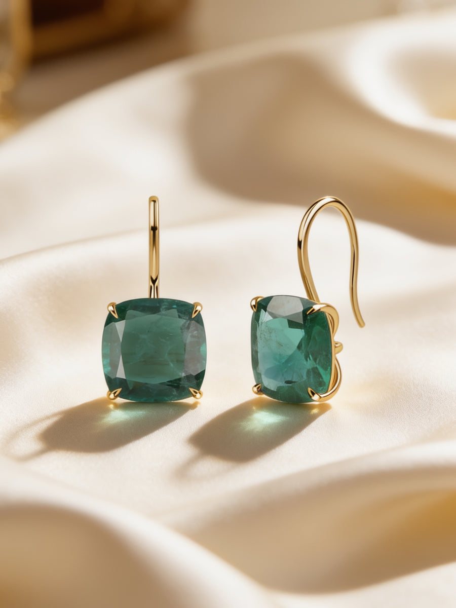 Elegant Green Emerald Cushion Drop Earrings