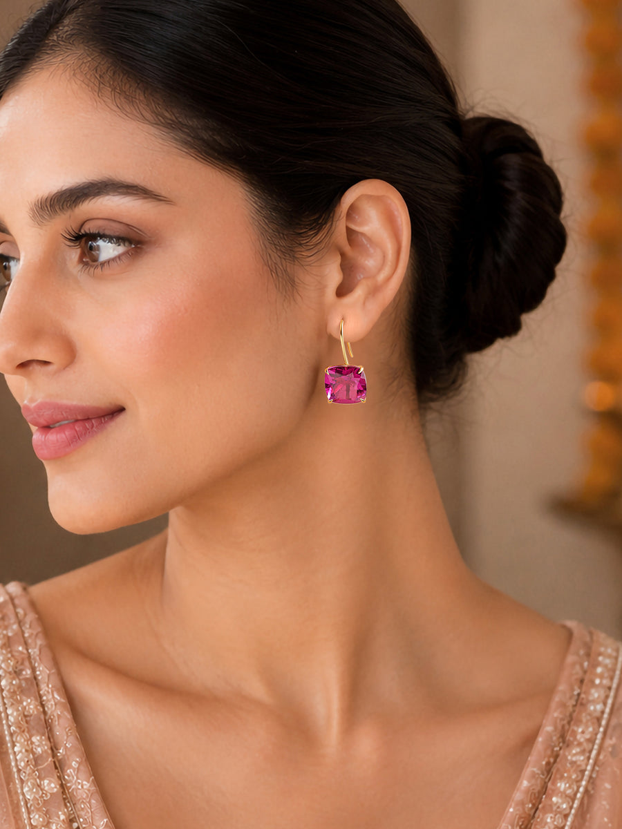 Elegant Rhodolite Pink Cushion Drop Earrings